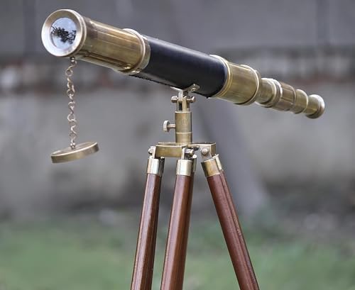 Antique Telescope Black Leather with Wooden Stand and Tripod Decor