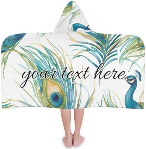 Peacock Feather Personalized Kids Beach Towel with Hood Teal Design