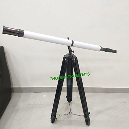Nautical White Leather Galileo Telescope with Bronze Stand