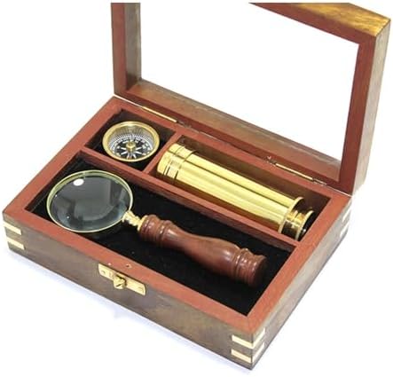 3-in-1 Brass Compass Telescope Magnifier Set in Wooden Box