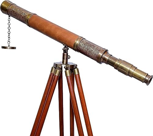 Antique Brass Navy Telescope with Wooden Tripod