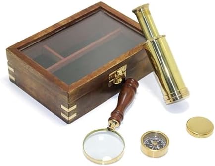 3-in-1 Brass Compass Telescope Magnifier Set in Wooden Box