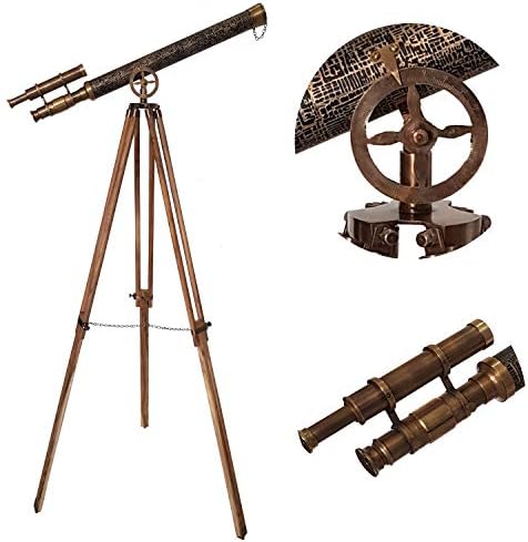 Antique Brass Double Barrel Telescope on Wooden Tripod