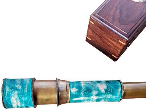 Antique Brass Telescope with Wooden Box and Leather Handle