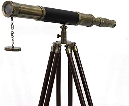 Nautical Antique Solid Brass Telescope with Wooden Tripod