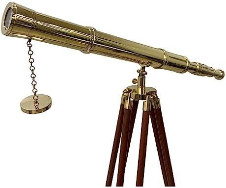 Single Barrel Brass Telescope with Adjustable Wooden Tripod Stand
