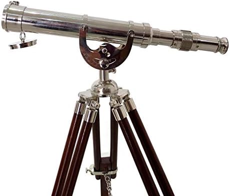 Floor Standing Brass Telescope with Silver Finish and Wooden Tripod