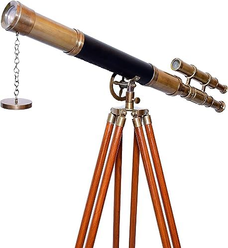 Antique Brass Telescope with Brown Leather Handle and Wooden Tripod Stand