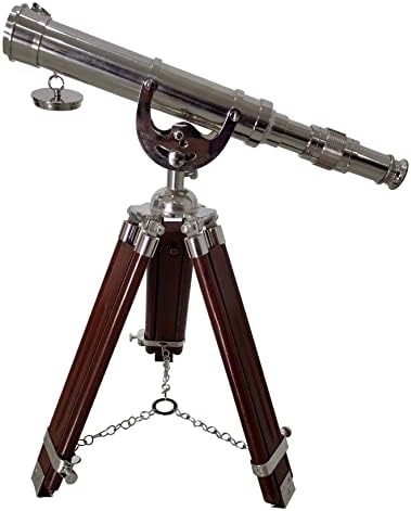 Floor Standing Brass Telescope with Silver Finish and Wooden Tripod