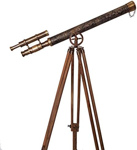 Antique Brass Double Barrel Telescope on Wooden Tripod