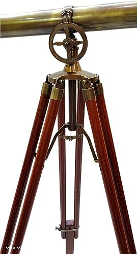 Antique Telescope Double Barrel Wooden Tripod Stand with Adjustable Height