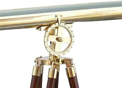 Antique Nautical Floor Standing Brass Telescope with Wooden Tripod