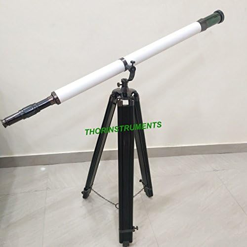 Nautical White Leather Galileo Telescope with Bronze Stand