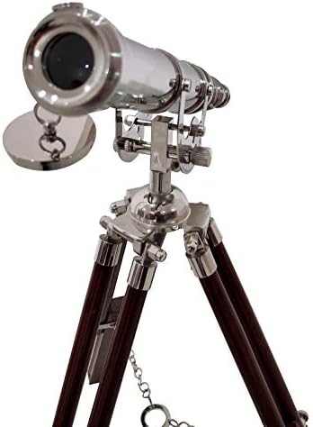 Floor Standing Brass Telescope with Silver Finish and Wooden Tripod