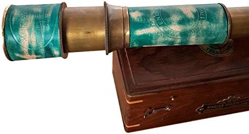 Antique Brass Telescope with Wooden Box and Leather Handle