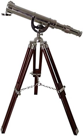 Floor Standing Brass Telescope with Silver Finish and Wooden Tripod