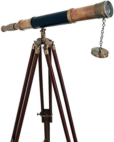 Nautical Antique Solid Brass Telescope with Wooden Tripod