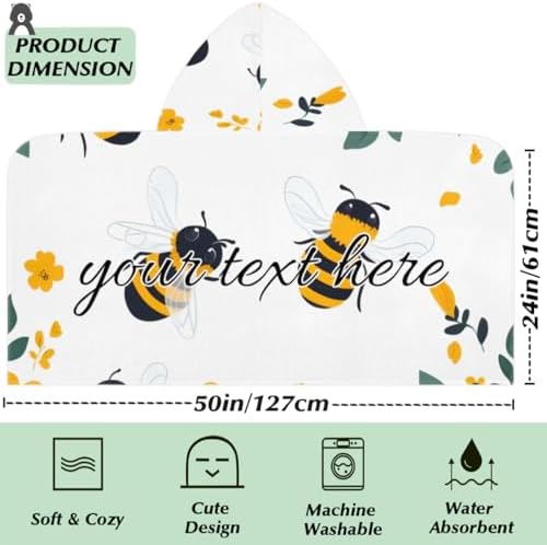 Personalized Kids Hooded Beach Towel Bumble Bee Floral
