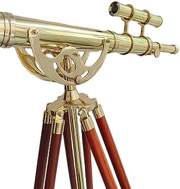 Maritime Nautical Telescope with Brass Double Barrel and Wooden Tripod Stand by NAVIROCK
