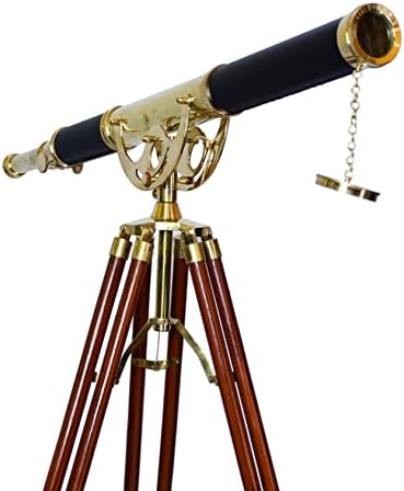 Nautical Floor Standing Brass Telescope With Brown Wooden Tripod