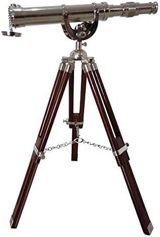 Floor Standing Brass Telescope with Silver Finish and Wooden Tripod