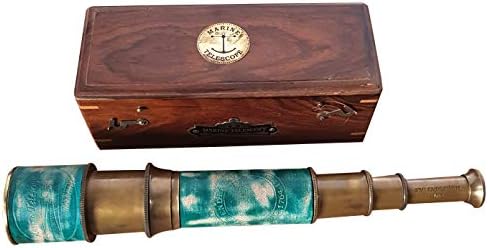 Antique Brass Telescope with Wooden Box and Leather Handle