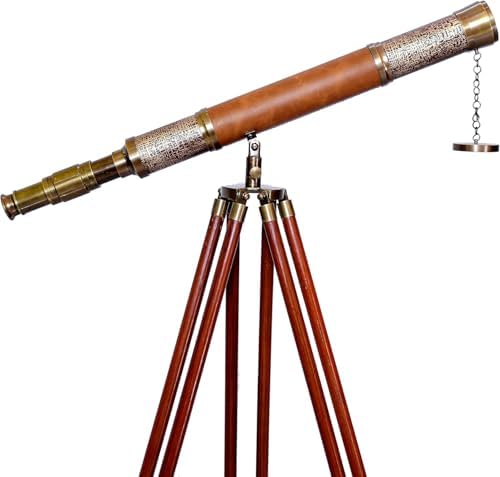 Antiqueex Single Barrel Brass Telescope with Wooden Tripod