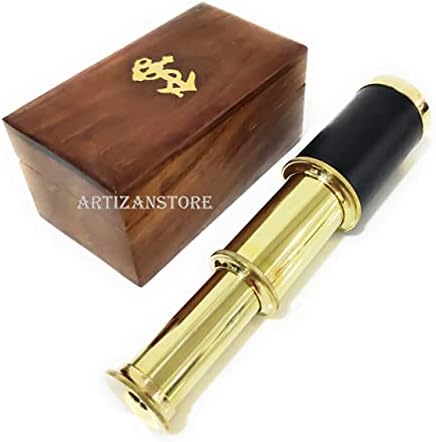 Brass Handheld Telescope with Anchor Wooden Box 6 Inch