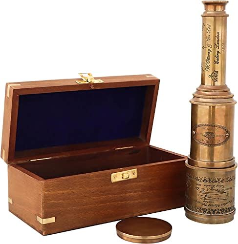 PORTHO Antique Victorian Brass Telescope with Wooden Box
