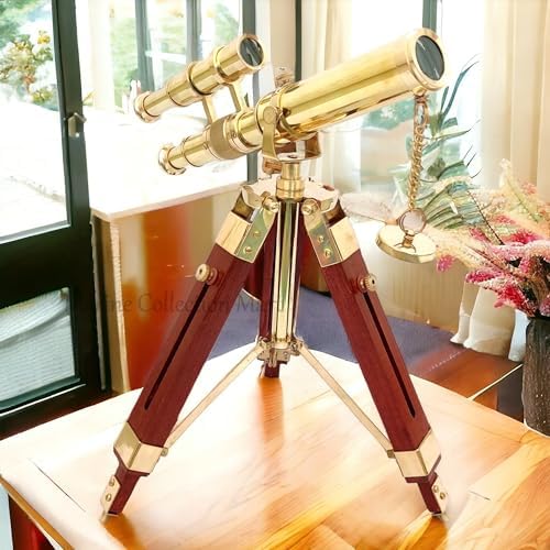 Vintage Nautical Brass Telescope with Wooden Tripod