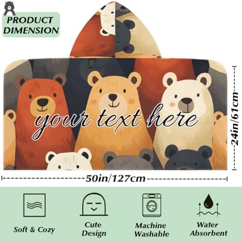 Personalized Kids Hooded Beach Towel with Cute Bear Print