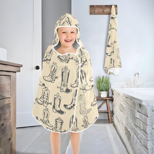 Kids Beach Towel Soft Hooded Poncho with Cowboy Boots Print