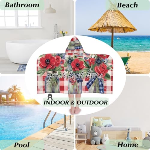 Personalized Kids Hooded Beach Towel 4th of July Floral Poppy