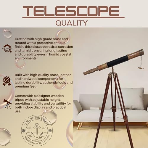 Antique Telescope with Black Leather and Wooden Tripod