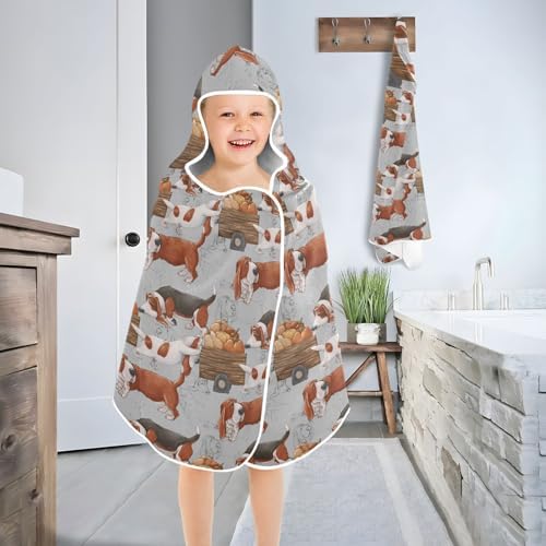 Susiyo Kids Hooded Bath Towel with Funny Basset Hound and Pumpkin Design