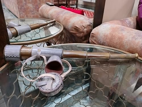 Vintage Brass Grey Leather Telescope with Compass