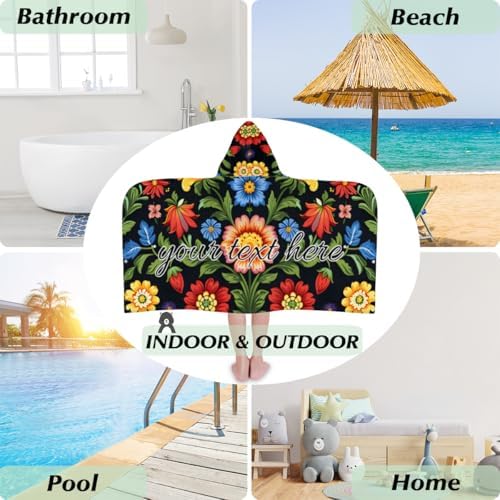 Bohemian Flowers Personalized Kids Beach Towel with Hood