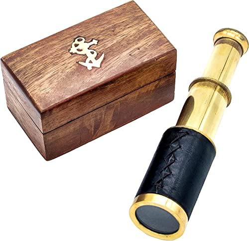 Mini Pirate Spyglass Telescope Brass Collapsible Handheld Telescope with Wooden Box