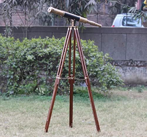 Antique Telescope with Black Leather and Wooden Tripod