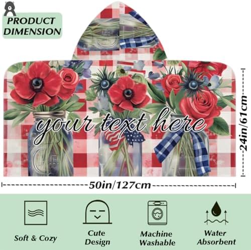 Personalized Kids Hooded Beach Towel 4th of July Floral Poppy