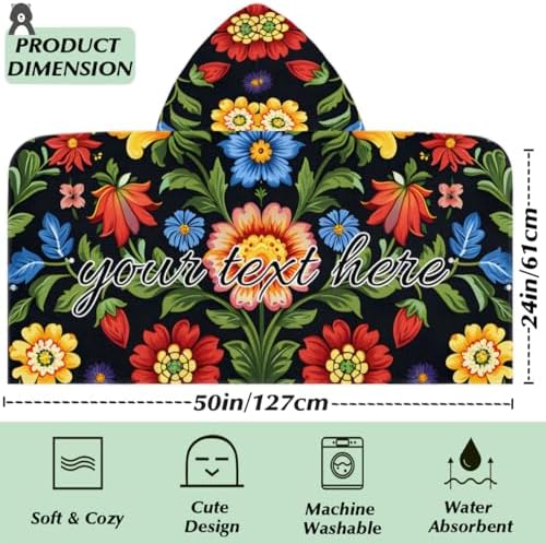 Bohemian Flowers Personalized Kids Beach Towel with Hood