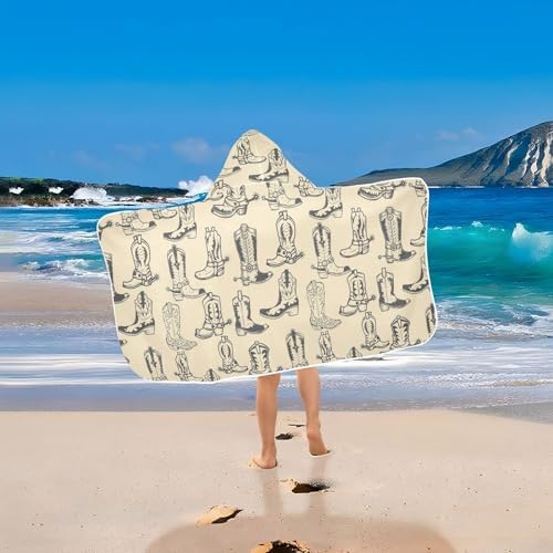 Kids Beach Towel Soft Hooded Poncho with Cowboy Boots Print