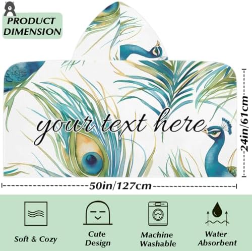 Peacock Feather Personalized Kids Beach Towel with Hood Teal Design