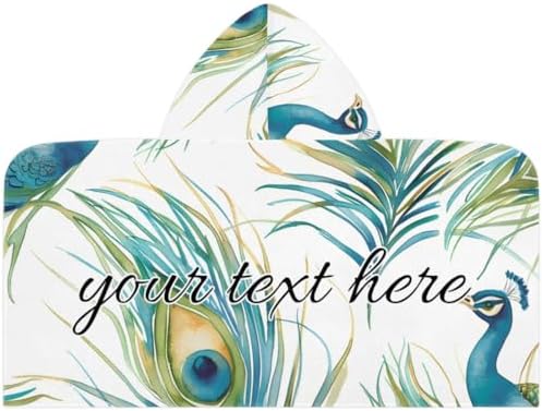 Peacock Feather Personalized Kids Beach Towel with Hood Teal Design