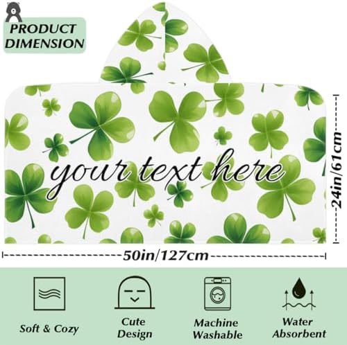 St Patricks Day Lucky Clover Kids Hooded Beach Towel - Personalized Name
