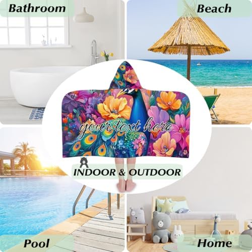 Personalized Kids Beach Towel with Hood Blue Peacock Design