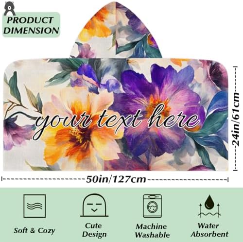 Boho Floral Personalized Kids Beach Towel with Hood 1