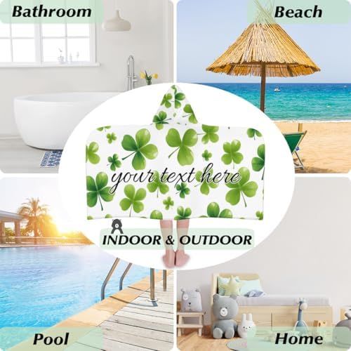 St Patricks Day Lucky Clover Kids Hooded Beach Towel - Personalized Name