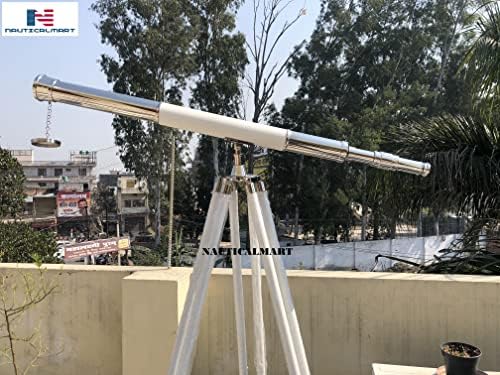 Elite White Leather Floor Standing Telescope with Brass Base