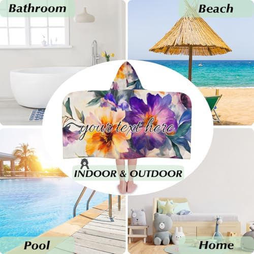 Boho Floral Personalized Kids Beach Towel with Hood 1